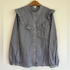 NWT J. Crew Crewcuts Girl’s Blue and White Striped Ruffle Long Sleeve Button Up